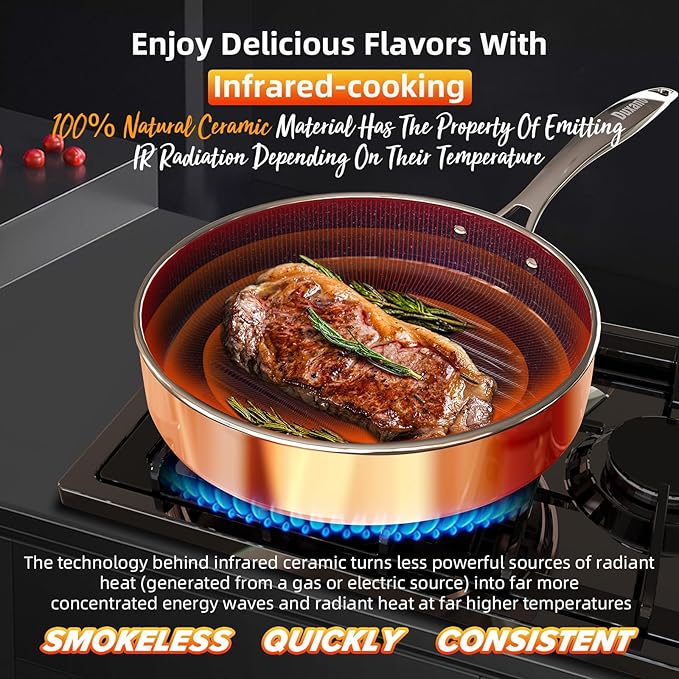 Deluxe DUXANO 14PC Healthy Pots and Pan With 9H Anti-scratch Coating, 2-Layer Non-Stick Ceramic&PFAS Free (Copper)