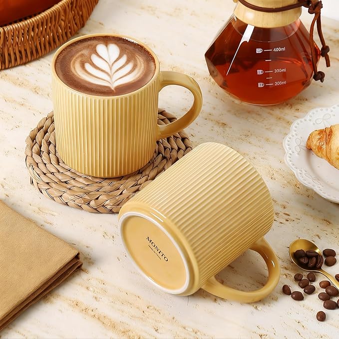 MONITO 16Oz Coffee Mugs Set of 6, Rustic Ceramic Coffee Cups Set with Large Handle, Vintage Striped Stoneware Coffee Mugs for Latte, Cocoa, Tea, Milk, Microwave & Dishwasher Safe, Lemon Yellow