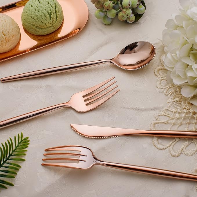 SUT 150Pcs Rose Gold Plastic Silverware, Disposable Cutlery Set, Heavy Duty Plastic Flatware Set竊똃isposable Rose Gold Utensils Include 50 Forks,50 Spoons, 50 Knives Perfect for Party