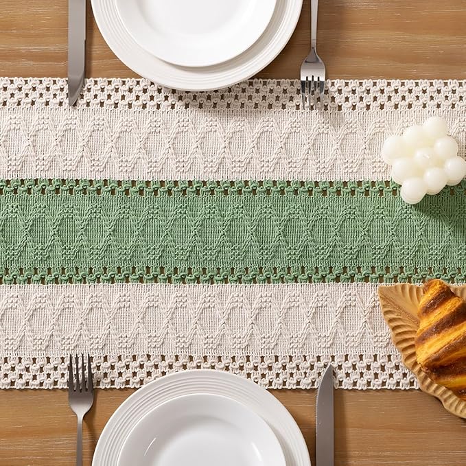 Socomi Boho Table Runner Macrame Long Valentine's Day Farmhouse Woven Cotton Linen Rustic Coffee Table Runner with Tassels for Dresser Scarf Home Decor Dining Room 12x108 inch Sage Green Ivory