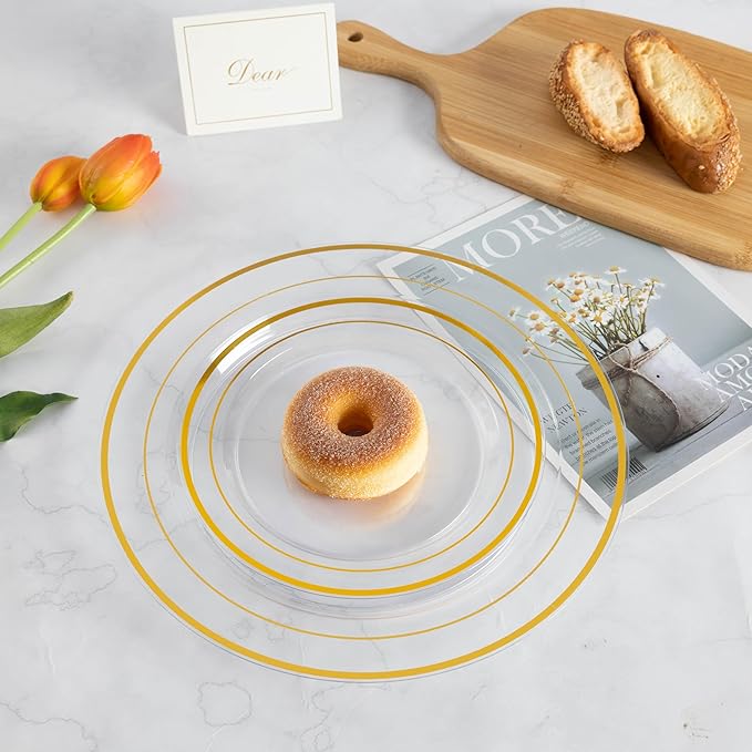 Lullaby 200PCS Clear Plastic Plate with Gold Rim, Includes 100pcs Dinner Plates 10??and 100pcs Dessert Plates 7?? Disposable Elegant Plate for Birthdays, Parties Weddings and Daily Use