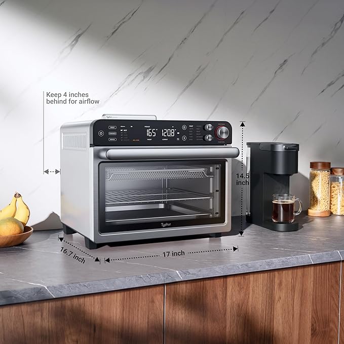 Typhur Sync Oven with Smart Wireless Meat Thermometer Probe, 12?멼n?? Countertop Air Fryer Toaster Oven Combo, 360째 Turbo Convection, Dehydrator, Recipes & 5 Accessories, Large 27QT, Stainless Steel