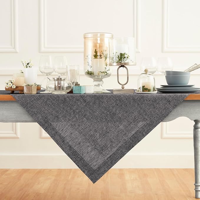 Solino Home Linen Cloth Tablecloth 52 x 52 Inch - 100% Pure Linen Chambray Black Square Tablecloth - Athena, Machine Washable Table Throw for Winter