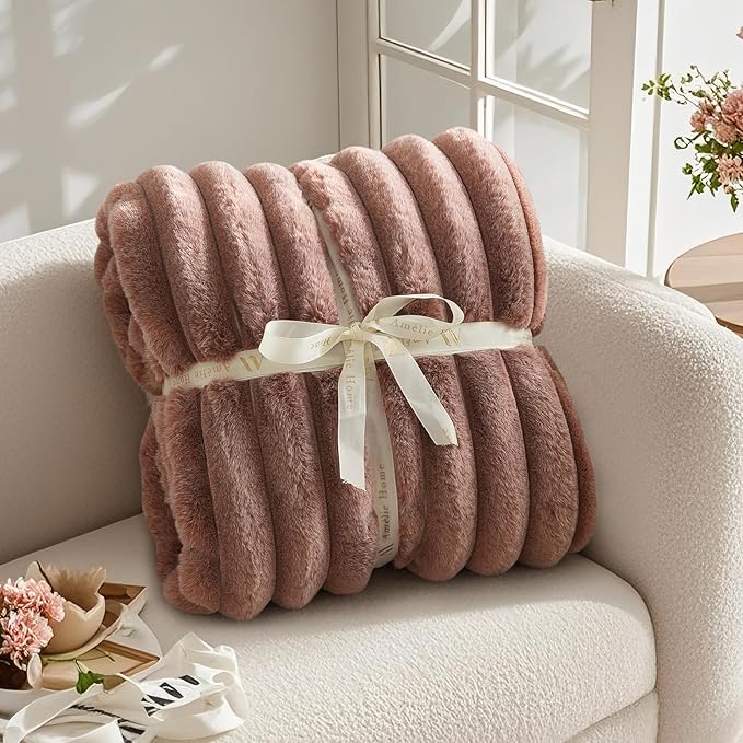 Am챕lie Home Faux Fur Throw Blanket for Couch, Ultra Cozy Fuzzy Fluffy Fur Luxurious Soft Striped Plush Gift Blankets for Family Sofa Chair Bedroom, 55"x70", Cationic Fox Brown
