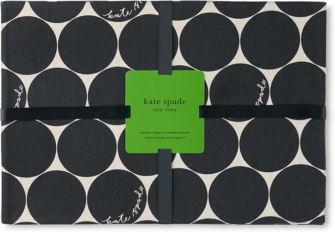 Kate Spade New York Joy Dot Placemats 4-Pack Set, Reversible, 100% Cotton, Machine Washable, Black/Beige, 13"x19"