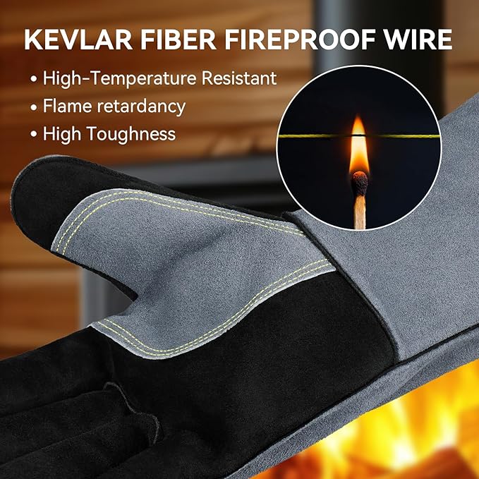 OZERO 932째F Heat Resistant Mig/Stick Welding Gloves 14 inches Cowhide Leather - Long Sleeve and Insulated Lining Barbecue Glove for Tig Welder/Grilling/Oven/Stove Black-gray