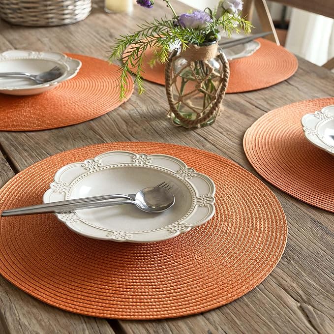 FunWheat Round Braided Placemats Set of 8 Table Mats for Dining Tables Woven Washable Non-Slip Place mats 15 inch(Pumpkin Orange,8pcs)