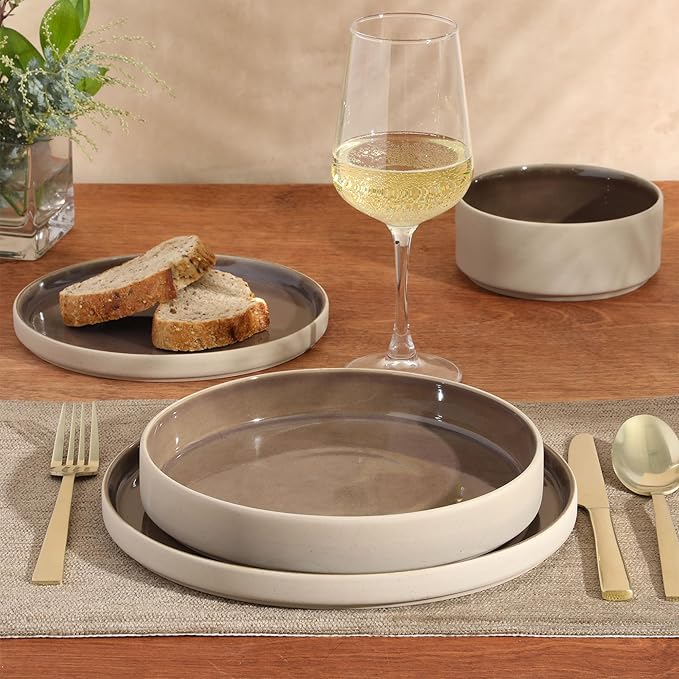 Gibson Elite Liberty Bay 16-Piece Pottery Clay Stoneware Dinnerware Set ??Mocha Brown Reactive Glaze, Stackable Plates and Bowls W/Pasta Bowl, Service for 4 ??Microwave & Dishwasher Safe