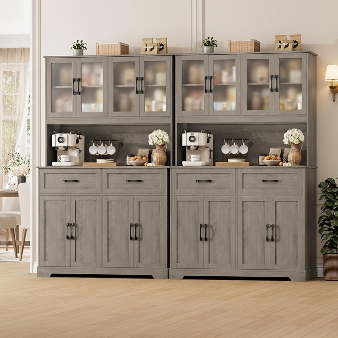 71" Farmhouse Kitchen Pantry Cabinet, Tall Pantry Cabinet with Microwave Stand, Kitchen Hutch with Drawer and Shelves for Dining Room, Grey