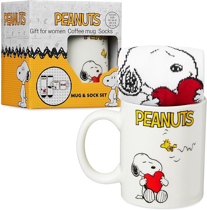 Get Trend Peanuts Snoopy Coffee Mug and Socks Set, 11.5 oz Ceramic Cup with Soft Crew Socks, Woodstock, Christmas, Secret Santa Gifts for Women (Red Snoopy)