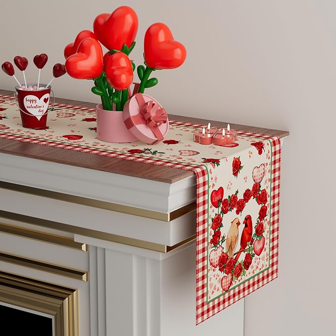 XCHI Plaid Roses Flowers Love Hearts Cardinal Valentine's Day Table Runner Table Decoration for Party Home Kitchen Dining Holiday Decor 13x72 Inch