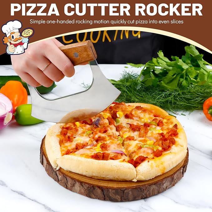 KAYCROWN Ulu Knife, Sharp Rocker Mezzaluna Knife with Wooden Stand, Alaskan Ulu for Pizza Cutter, Vegetable, Salad, Mezzaluna Chopper