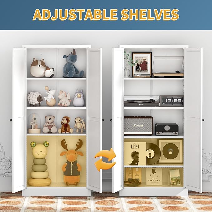 Kitchen Pantry Cabinet, 61" H Storage Cabinet with Doors and Adjustable Shelves, Metal Bathroom Cabinets, Utility Cabinets for Kitchen, Home Office, Garage, Assembly Required, White