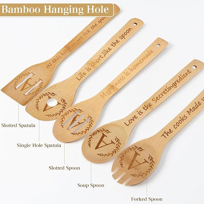 5PCS Initial Wooden Cooking Spoons Initial Letter Kitchen Decor Gifts Personalized Monogrammed Birthday Gifts for Women Mom Friend Housewarming Wedding Bamboo Cooking Spoons