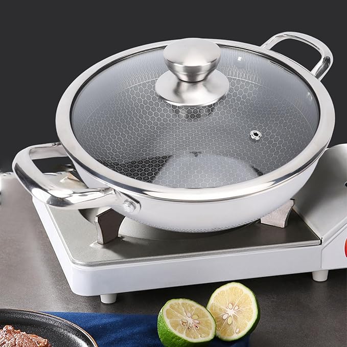 Stainless Steel Wok Pan, Nonstick Frying Pan Honeycomb Stir Fry Skillet with Lid, Compatible with Induction Cooker Gas Range, Dishwasher Safe (30cm)