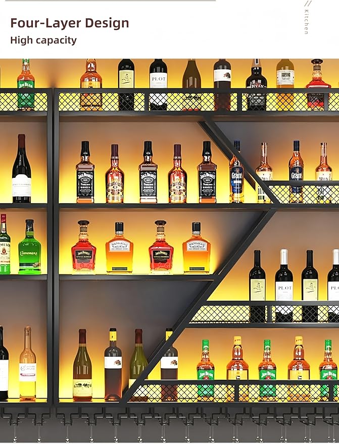 79 Inch 4 Tier Metal Wine Rack Wall Mounted, Modern Bar Shelves Wall Mounted Wine Rack with LED Light, Liquor Shelf Wall Mounted, Bar Shelves for Liquor Bottles (Black with Blue Led, 79--4 Tier)