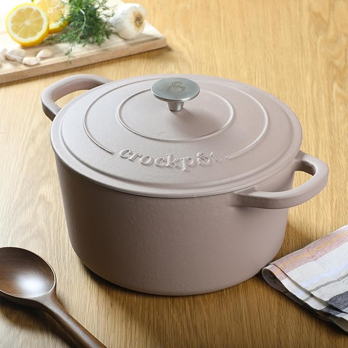 Crock-Pot Artisan 5-Quart Round Cast Iron Dutch Oven with Lid ??Matte Dusty Pink, Durable Oven Safe Cookware