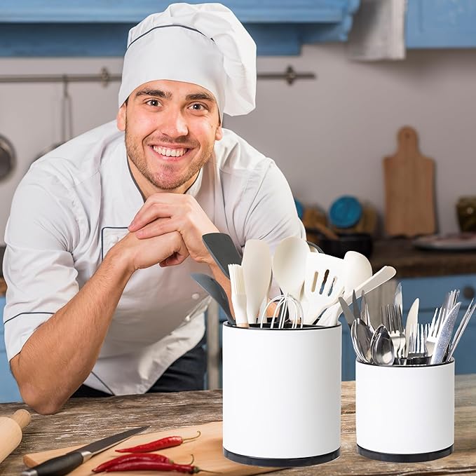 Kitchen Utensil Holder Extra Large Rotating For Counter Organizer Stainless Steel Storage Cooking Silverware Caddy 3 Compartment Flatware Spoon Spatula Tool Cutlery Container(2 Set White)