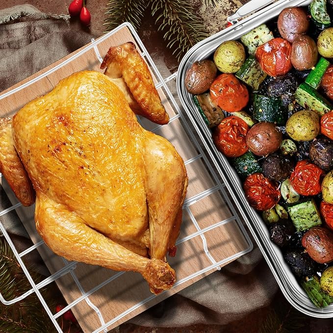 16.5inch Roasting Pan with U-Shape Rack - Stainless Steel Large Turkey Roaster Pan for Turkey, Chicken, Ham Roaster with V-Shaped Baking Rack Heavy Duty Dishwasher Safe, Hold up to 22LB