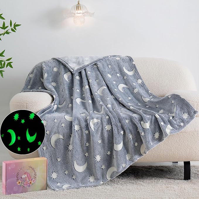 QSTEHEML Moon Glow in The Dark Blanket,Star Gifts Toys for Kids Boy Birthday Christmas Bedroom Decor for Age 3-12 Years Old Toddler Teens Child Grandkids Soft Luminous Blanket 50"횞60"