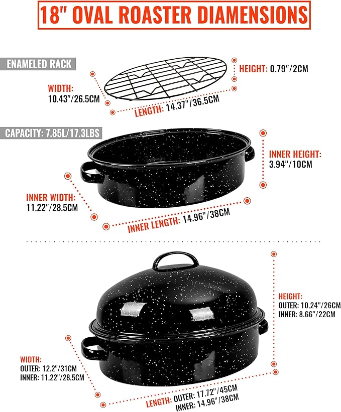 Roasting Pan with Lid & Rack 18 Inch Extra Large Deep Oven Baking Pot, Enamel Granite NonStick Oval Carbon Steel Potato Roaster Pot for Turkey Chicken Ham Steak NonToxic Perfect for Christmas Gift