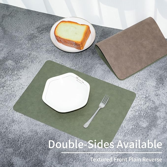 EDanle Cowhide Pattern Faux Leather Placemats Set of 6,Heat Resistant Non-Slip Waterproof Wipeable Washable Kitchen Dining PU Table Place Mats,Double-Sides Available,Green Brown