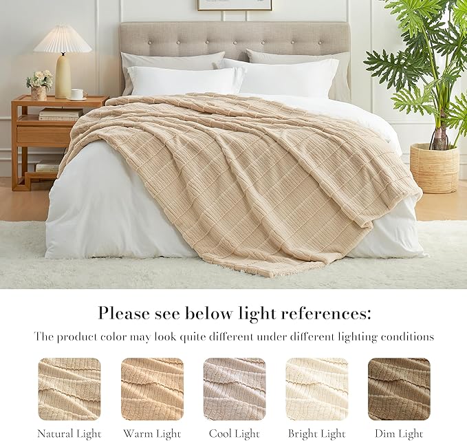 Am챕lie Home Luxury Striped Faux Fur Throw Blanket for Couch, Soft Cozy Fuzzy Fluffy Soft Plush Blankets Sofa Chair Gift Blankets for Women, 55"x70", Beige
