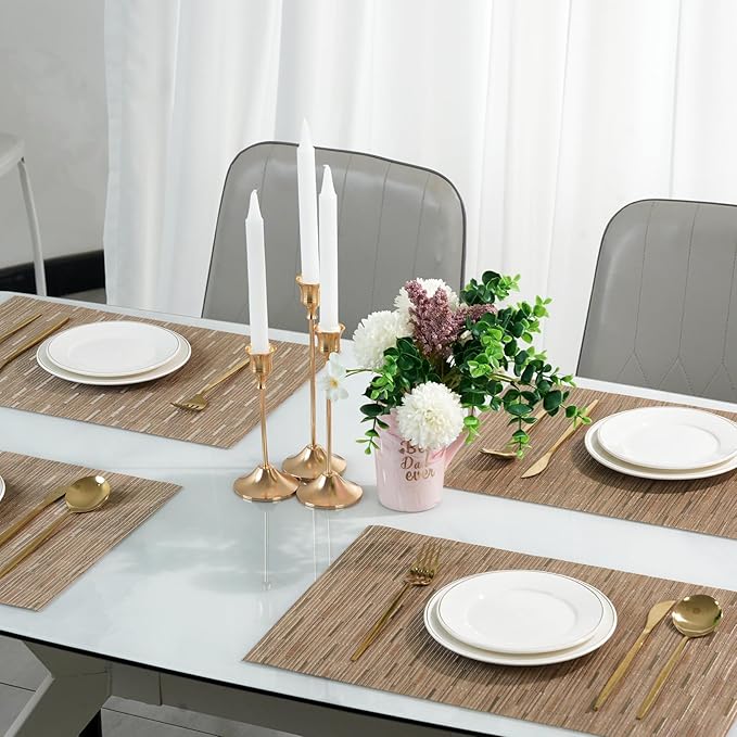 flohar Placemats Set of 6竊똍on-Slip PVC Weave Table Mats Easy to Clean竊똇eat Resistant Place Mats for Kitchen Dining Table Decoration Indoor Outdoor竊똋ight Brown