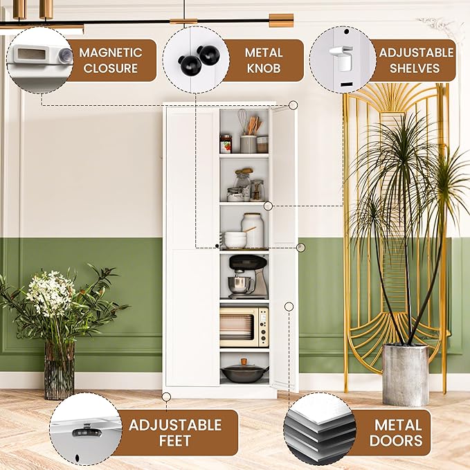 Metal Pantry Storage Cabinet with 2 Doors and 5 Adjustable Shelves, 72" Tall Kitchen Storage Cabinets for Kitchen Dining Room Living Room Bathroom,Assembly Required (White)
