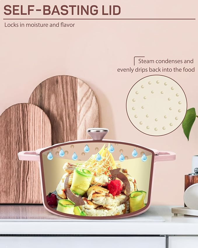 6 QT Dutch Oven Pot with Lid, Enameled Cast Iron Dutch Oven for Bread Making, Braiser, Cooking, Dual Handles, Oven Safe up to 500째 F or on Stovetop, Gifts for Family - Pink