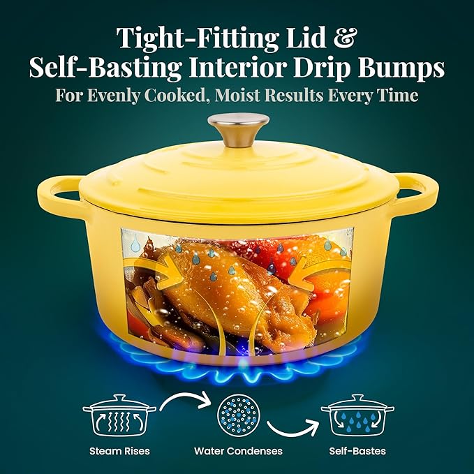 Larder & Vine Enameled Cast Iron 5.7qt Dutch Oven Pot with Lid | Bread Baking | Compatible on All Cooktops & Oven Safe to 500째 F | Great for Sourdough Bread | Limoncello