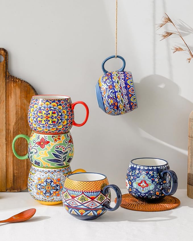 HENXFEN LEAD Boho Ceramic Coffee Mugs Set of 6 ??20 oz Large Porcelain Cups for Latte, Cappuccino, Tea, Cocoa & Soup ??Microwave & Dishwasher Safe