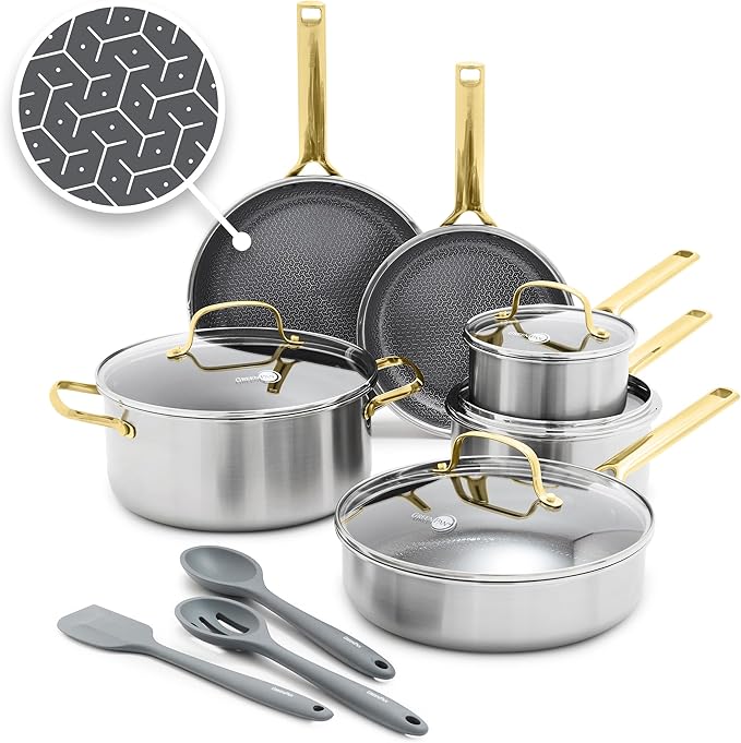 GreenPan Hybrid 13 Piece Nonstick Stainless Steel Cookware Set, APEX Tri-Ply Thermobond PFAS-Free Ceramic Pots & Pans, Induction & All Cooktop Compatible, Oven Temp to 850째F, Dishwasher Safe, Gold