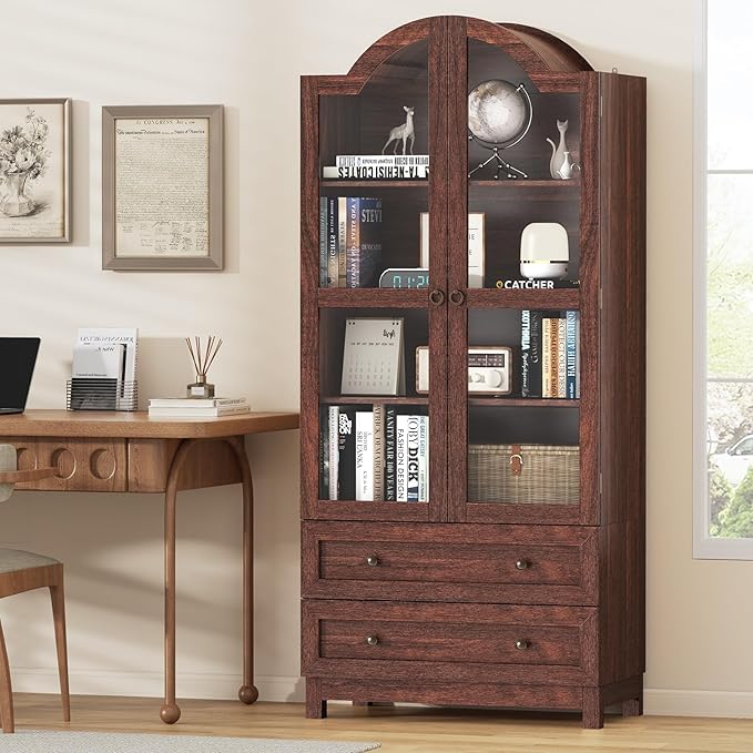 EasyCom 71 Tall Arched Pantry Cabinet, Farmhouse Wood Kitchen Cabinet with 2 Large Drawers, 4-Tier Storage Cabinet with Adjustable Shelf & Magnetic Clasp Doors for Living Room, Dining Room, Brown