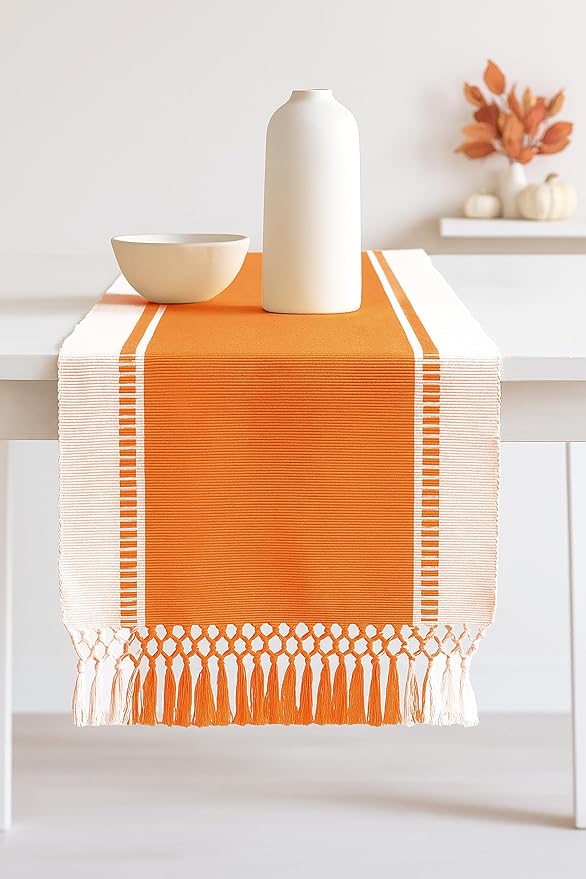 PurpleEssences Table Runner - Wide with Dobby Stripe, Heavy Ribbed Weave & Double Knot Fringes, 14x72 Inch (14x77.5 with Fringes) Farmhouse Decor - Christmas Holiday Winter - Orange and H.White