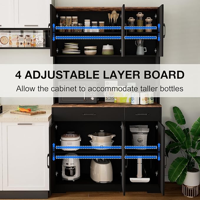 71" Pantry Cabinet with Charging Station, Kitchen Storage Cabinet with Microwave Stand, 8-Zone Organization, 2 Smooth-Glide Drawers, Open Countertop for Dining, Kitchen, Living Room (Black)