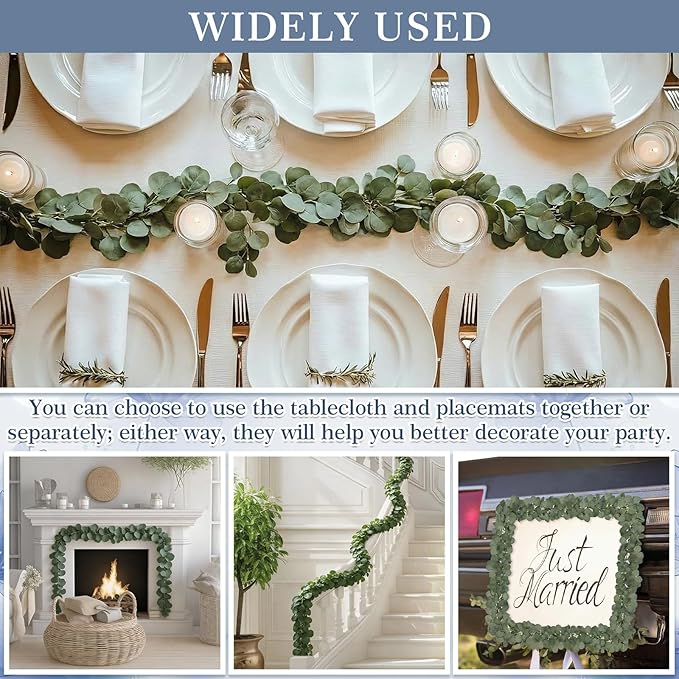 Gilprop 60 Pack Dusty Blue Cheesecloth Table Runner Decor Set 10 ft Table Runner & 7.9ft Artificial Eucalyptus Garland Boho Gauze Fabric Centerpiece for Wedding, Bridal Baby Shower, Party Decorations