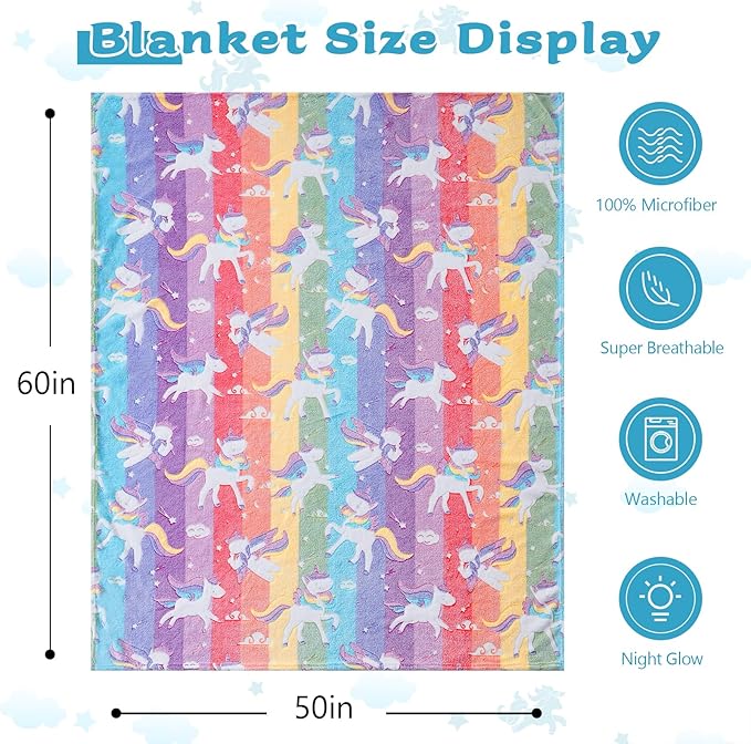 QSTEHEML Unicorns Glow in The Dark Blanket for Girls,Unicorn Gifts for Girls Age 3 4 5 6 7 8 9 10 11 12 Year Old, Soft Unicorns Rainbow Blanket - Christmas Birthday Bedroom Decor 50"횞60"