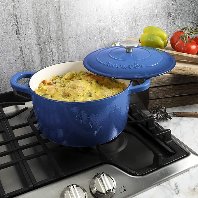 Crock-Pot Artisan 5-Quart Round Enameled Cast Iron Dutch Oven ??Blue, Durable Heavy-Duty Cookware for Slow Cooking, Roasting, Baking with Lid