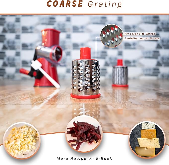 KARTWILL Rotary Cheese Grater with Handle - 3-in-1 Cheese Shredder - Easy to Clean Rotary Grater - Mandoline Vegetable Slicer Hand Crank - with Brush and Peeler - Red