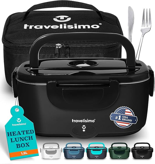TRAVELISIMO Electric Lunch Box for Adults 100W Heated Lunch Box For Men 1.5L Stainless Steel Portable Food Warmer, 12/24/110V Electric Food Warmers for Travel & Work Loncheras Para Hombres de Trabajo