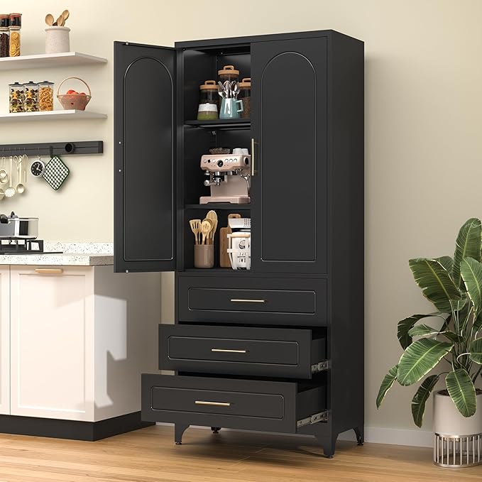 75??Tall Kitchen Pantry Cabinet,Metal Storage Cabinets with Doors and Adjustable Shelves,Modern Kitchen Hutch Cabinet,Freestanding Cupboard for Dining Room