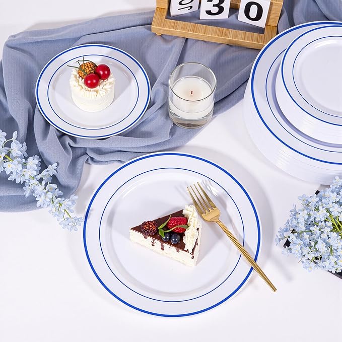 U-QE 100pcs Blue Plastic Plates for Party - Blue Plates Disposable Heavy Duty - Premium Plates Include 50 10" Dinner and 50 7" Dessert Plate, Perfect for Party, Wedding & Birthday
