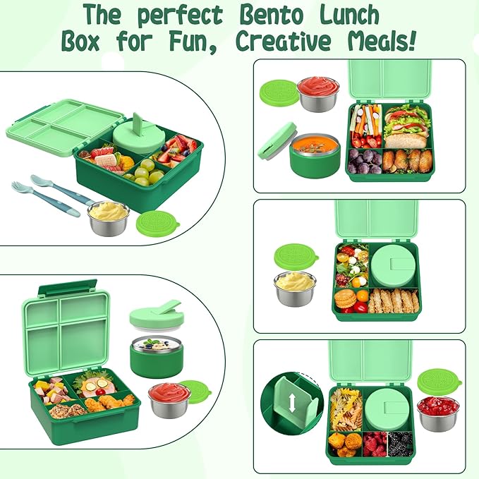 Aimsnk Kids Bento Lunch Box with 8oz Soup Thermo, Kids Leakproof Lunch Food Containers with 4 Compartment,Insulated Hot Food Jar with Lunch Bag for School, Travel (Green)