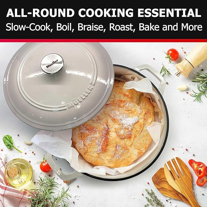 MUELLER HOME 7.5 QT Enameled Cast Iron Dutch Oven, Heavy-Duty Casserole Dish and Braiser Pan with Lid and Stainless Knob, Oven-Safe up to 500째 F & Across All Cooktops, Oyster White