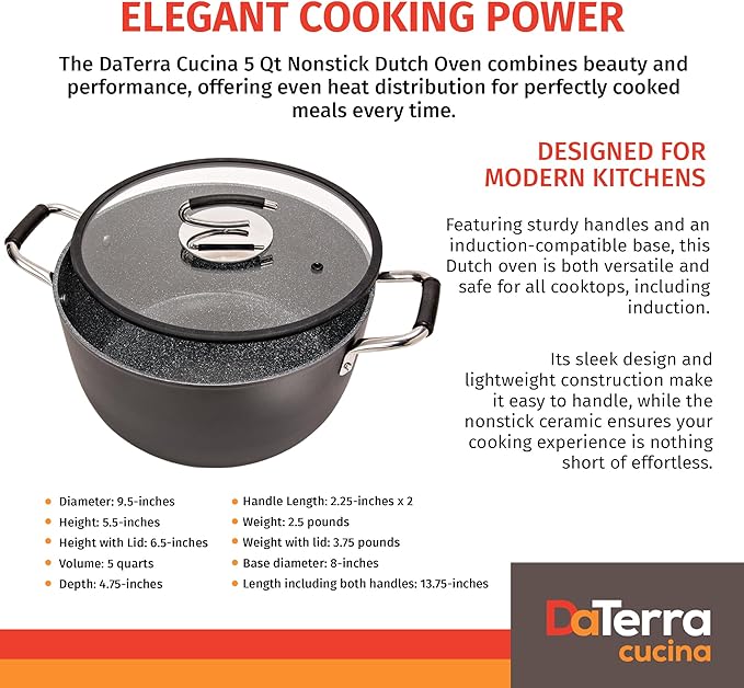DaTerra Cucina - 5 Qt Nonstick Ceramic Dutch Oven Pot with Lid ??Lightweight Nonstick Pot with Dual Handles, Perfect for Soup, Pasta, Saut챕ing, Searing, Induction & Stovetop Safe - Black