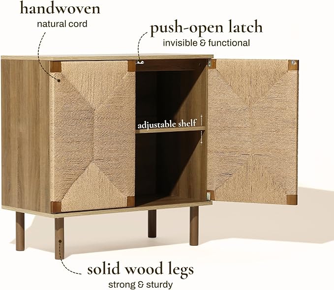 LuxenHome 31" Sideboard Buffet Cabinet with Storage, Seagrass Boho Accent Cabinet, Mid Century Modern Small Sideboard Storage Cabinets for Kitchen, Living Room, Entryway