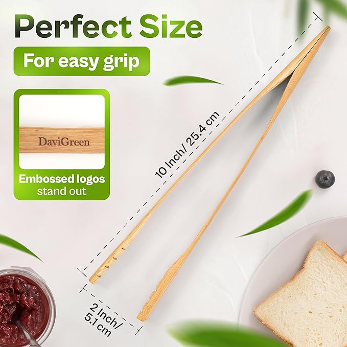 Bamboo Tongs Set of, 10 Inch ??Natural Wooden Kitchen Tongs for Cooking, BBQ, Salad, Toast & Nonstick Cookware
