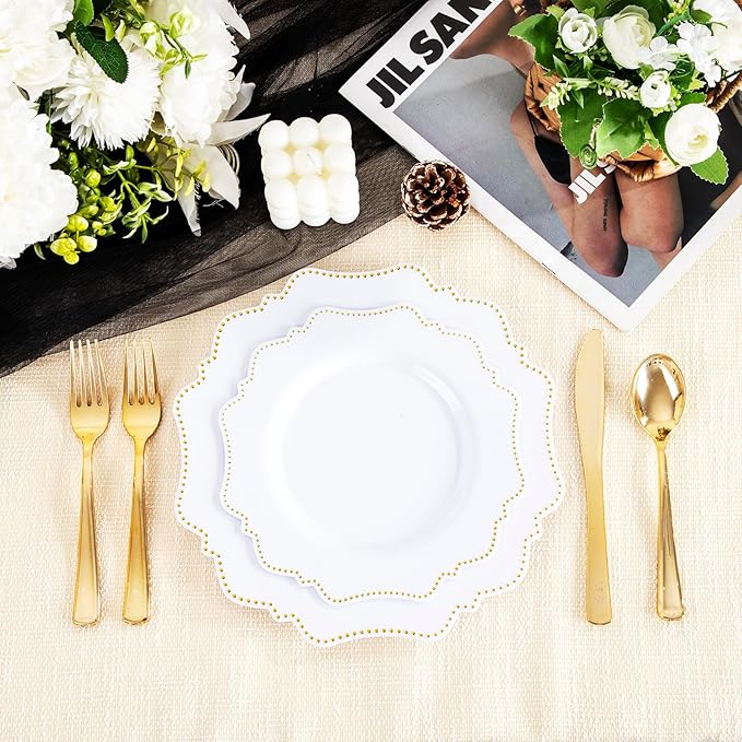COLOSUS 60pcs Disposable Plastic Plates Set, Gold White Party Plates, 30pcs Dinner Plates and 30pcs Salad/Dessert Plates for Wedding, Party, Anniversary, Daily Use,New Year