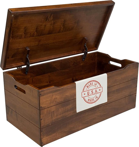 Hope Woodworking Amish Made Wooden Storage Chest Trunk Box with Lid and Handles for Bedroolanket, Clothes, Anti-Slam Hinges, Handmade, Rustic, Brown Maple Wood, Asbury Stain, 36"